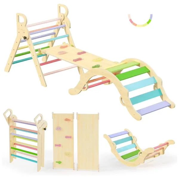 Conjunto BlueWood Pikler Triangle: Brinquedo de Escalada de Madeira para Crianças, Montessori com 7 em 1, Design Exclusivo e Colorido