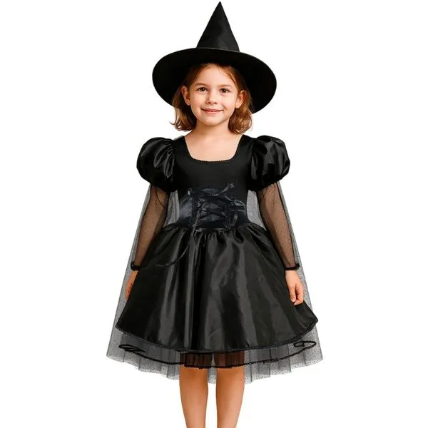 Fantasia Halloween de Bruxa Infantil de Luxo Vestido Preto com Capa M / Preto