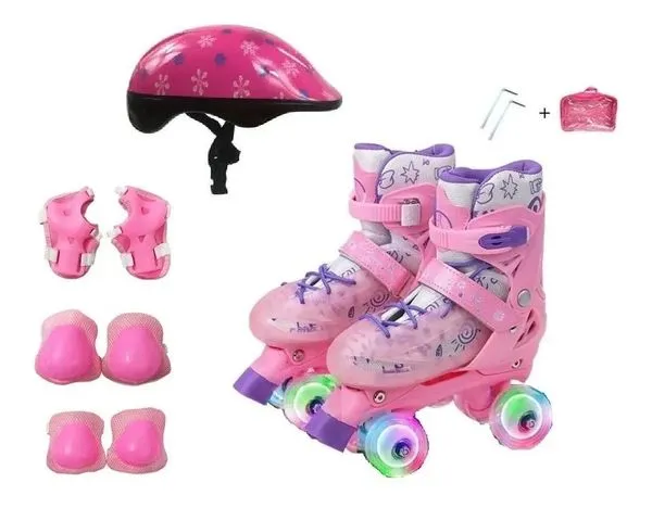 Patins Quad Rosa Regulável 28-32 Com Rodas Em LED + Capacete + cotoveleira + joelheira. Kit proteção