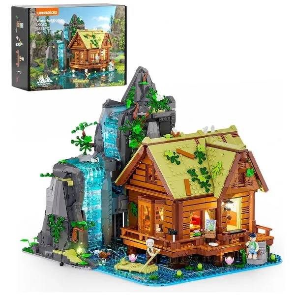Cabana com cascata Lumibricks Waterfall Cabin com iluminação LED, 2539 peças de blocos de montar para adultos