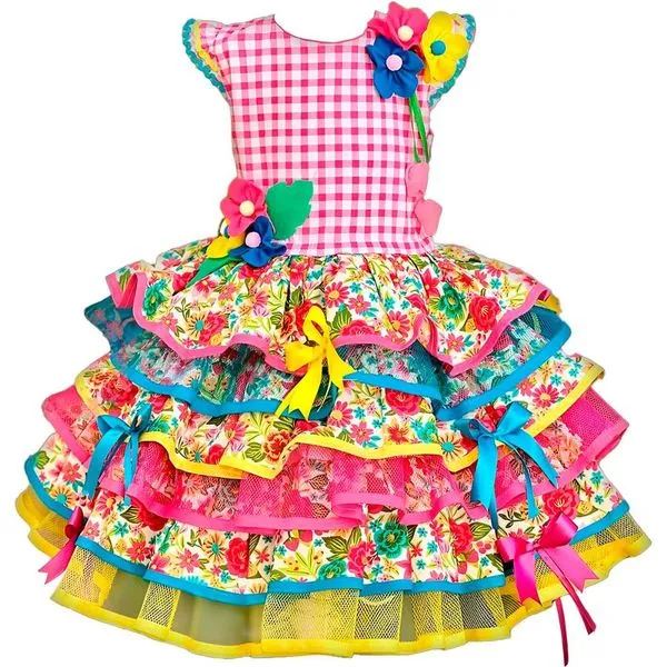 Vestido Festa Junina Infantil Rosa Xadrez e Floral de Luxo Com Saia Rodada 6 / Pink