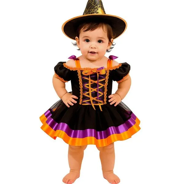 Fantasia Bruxa Infantil Bebe Menina Halloween de Luxo PP / Preto