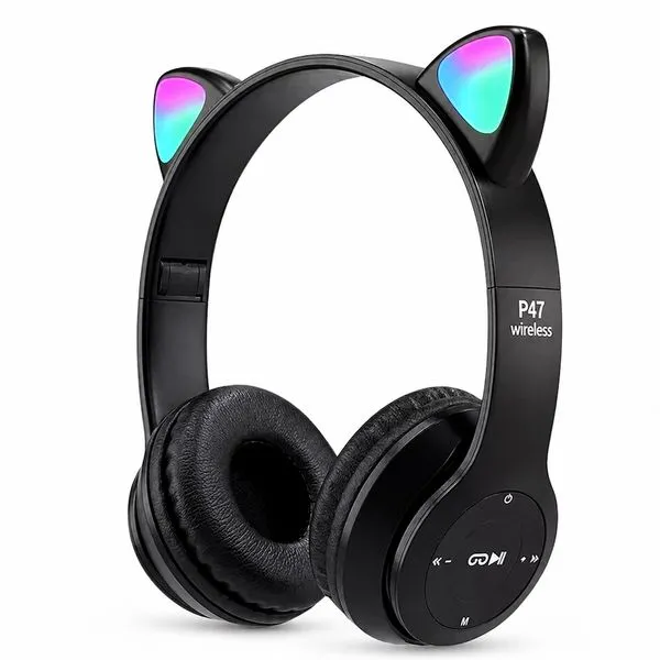Fone Infantil Sem fio com Orelhas de Gato LEDs Bluetooth 5.0 Cartão Preto