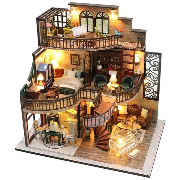 Casa em Miniatura Realista com Móveis de Madeirae Música para Adultos e Adolescentes, Escala 124, Lannso M2132, Marrom