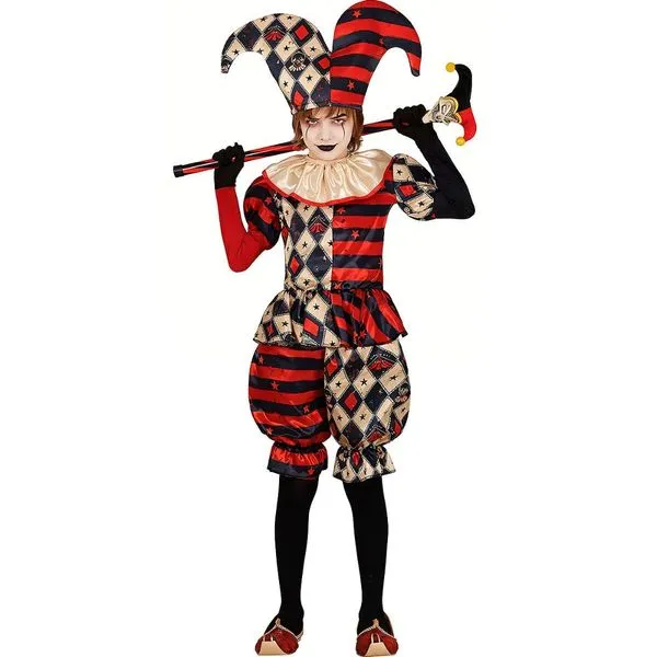 Fantasia Palhaço Halloween Infantil pra Menino Arlequin de Luxo Com Chapeu M / Vermelho