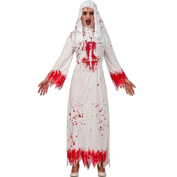 Fantasia Freira de Halloween Feminina Adulta Assassina Tunica Branca Com Veu e Sangue P / Branco