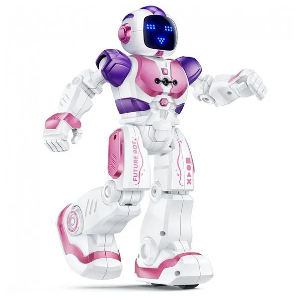 Robô dançante Ruko 6088 rosa e roxo com controle por app, controle remoto e gestos, expressões em LED, jogos de perguntas e bateria recarregável