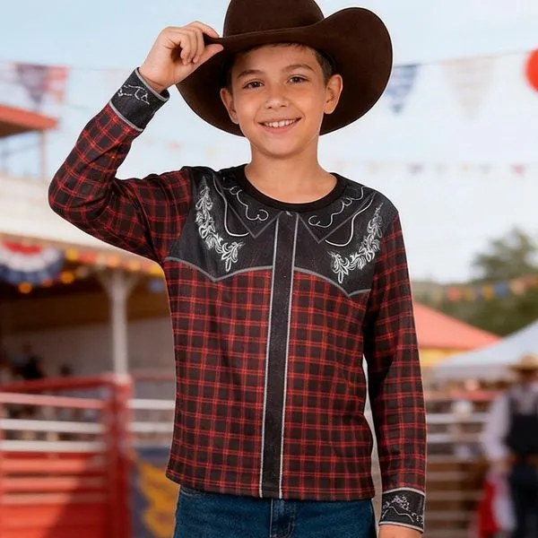 Camisa Festa Junina Infantil para Menino Roupa Country Manga Longa Xadrez G / Preto