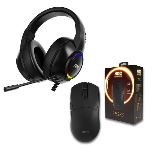 Kit AOC Gaming Mouse Sem Fio 8000 DPI Headset RGB 50mm Preto