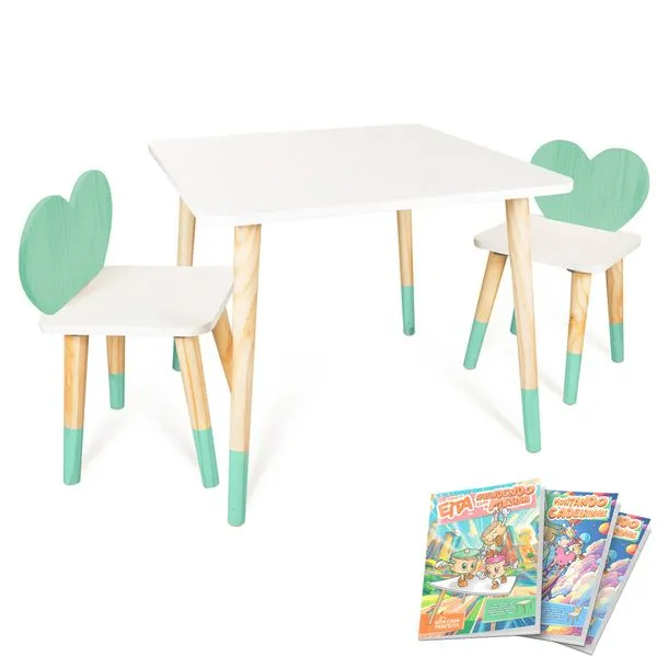 Kit Mesa e 2 Cadeiras Infantil Coração Verde Claro