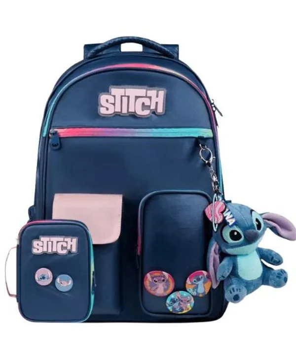 Kit Mochila Escolar Feminina Stitch Azul e Estojo Box Feminino Grande Stitch Azul