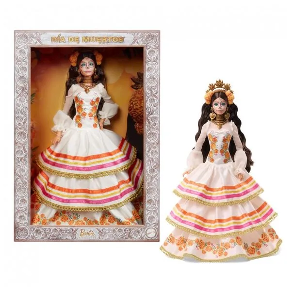 Boneca colecionável Barbie Signature Día De Muertos 2025 vestido creme com flores cempasúchil, rosto calavera e corpo articulado para exposição