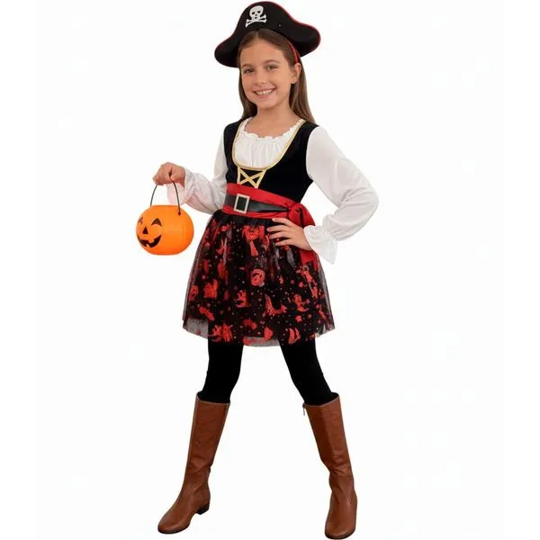 Kit Fantasia Pirata Infantil pra Menina de Halloween Saia e Chapéu 2 a 8 anos Vermelho