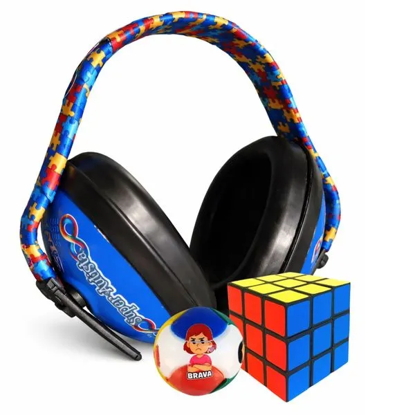 Kit Abafador de Ruidos Super Autistas Azul 12 DB + Cubo Mágico e Bola Quebra-cabeça