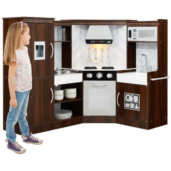 Cozinha Infantil em Madeira interativa com Luzes, Sons, Máquina de Fazer Gelo, Exaustor, Forno e Micro-ondas, Best Choice Products, Marrom