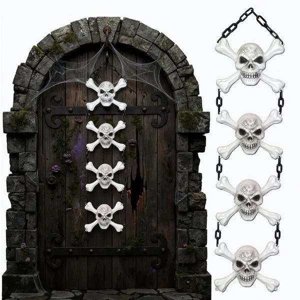Decoração de Halloween para Pendurar com 4 Caveiras e Ossos Realistas Acorrentadas em Plástico Enfeite de 1 metro -