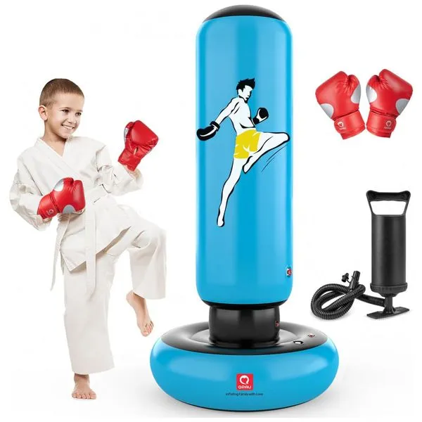QPAU Saco de Pancadas Inflável para Crianças com Luvas, 168 cm, Estável e Divertido para Idade 6-12 Anos - Azul
