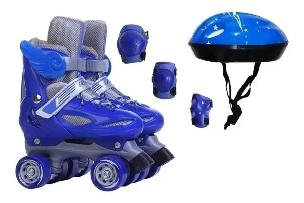 Patins Quad Azul Regulável 28-32 + Kit Proteção
