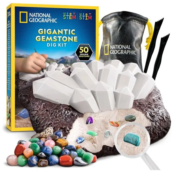 Kit de Escavação Gigante de Gemas Reais – Brinquedo Educativo STEM, Presente Criativo para Crianças com 50 gemas, National Geographic