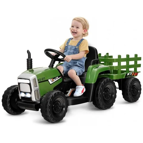 Trator Elétrico Infantil 2 em 1 com Reboque, Controle Remoto, Câmbio de 3 Marchas, Música, USB e Bluetooth, 12V, Olakids, Verde Escuro 110v