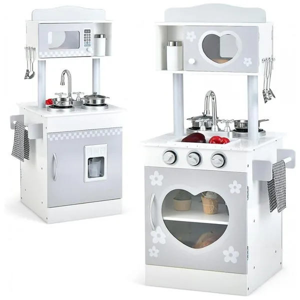 Cozinha de Brinquedo Realista em Madeira para Crianças de 3 a 8 Anos, HONEY JOY, Branca 110v