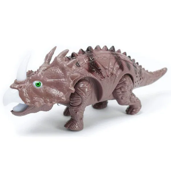 Brinquedo Dinossauro Tricerátops Com Movimento Som Luzes LED Marrom