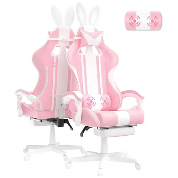 Cadeira Gamer com Orelhas de Coelho e Apoio para Lombar e Pés, Ferghana, Rosa
