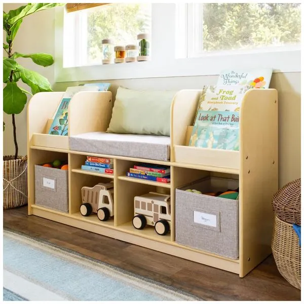 Móvel infantil Guidecraft EdQ Reading Nook natural, estante com assento acolchoado, organizador multiuso com prateleiras e cestos, modelo G80330,