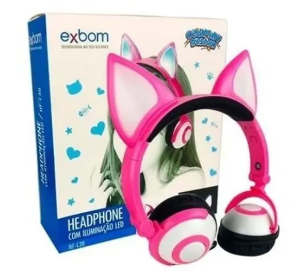 Fone de Ouvido Headphone Cosplay com Iluminação de Led Usb Cor Rosa