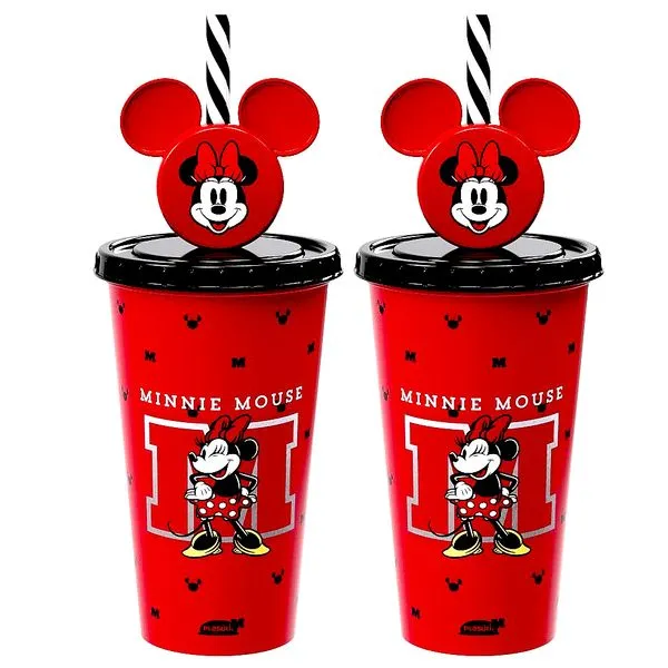 2 Copos Minnie Vermelho Canudo Decorado Rosa 500ml Plasútil
