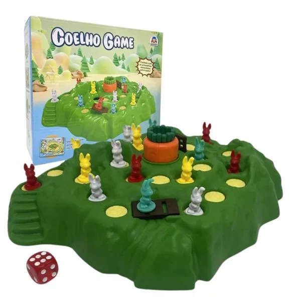 Jogo Coelho Game, Braskit, 2 a 4 Jogadores, Tabuleiro 2 Em 1, Crianças +4 Anos