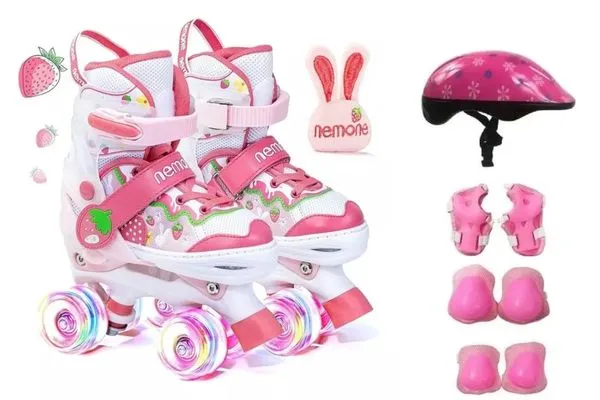 Patins Quad Ajustável Morango Rodinhas Led+ Kit Proteção 36-38
