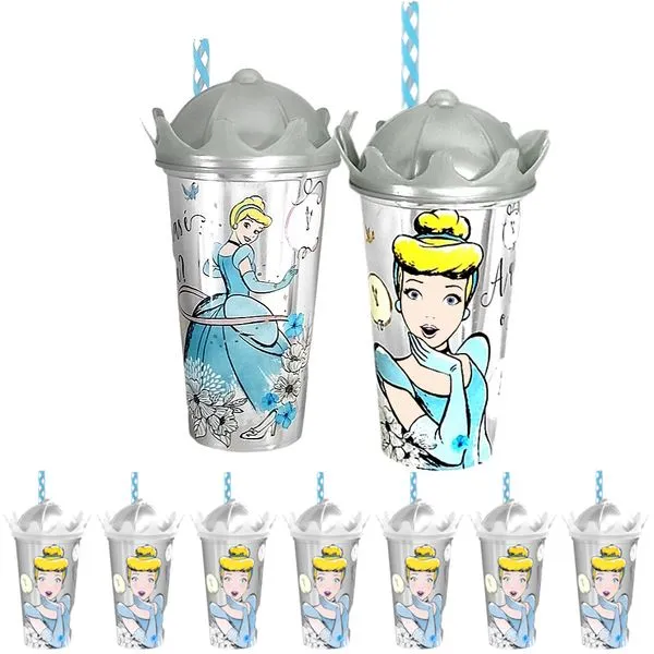 Kit 10 Copos 500ml Estampa Cinderela Princesa com Canudo e Tampa Coroa