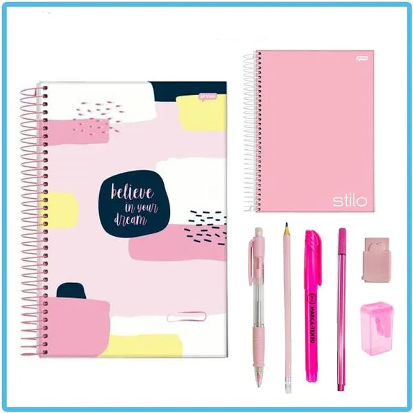 Kit Papelaria Tons de Rosa Cor Rosa Escolar Neon Pastel