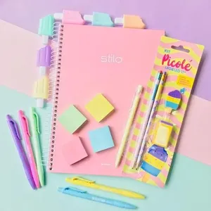 Kit Papelaria Picolé Tons Pasteis Caderno Canetas