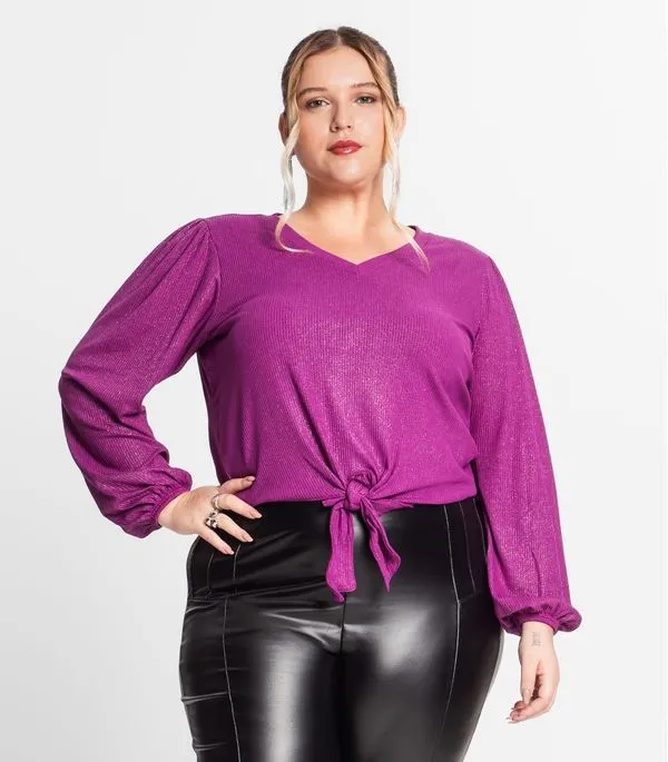 Blusa Manga Longa Em Ribana Canelada Secret Glam Roxo Plus G3