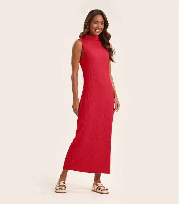 Vestido Midi Ribana Canelada Rovitex Vermelho G