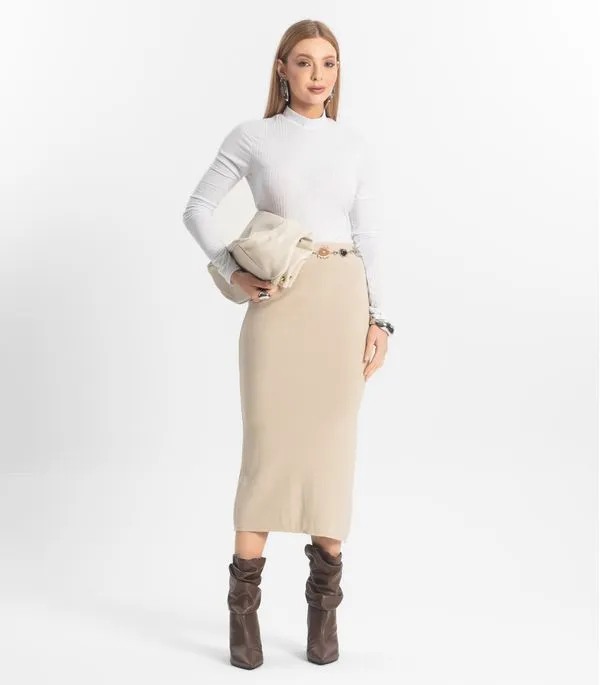 Saia Midi Feminina Tricot Epifani Bege P