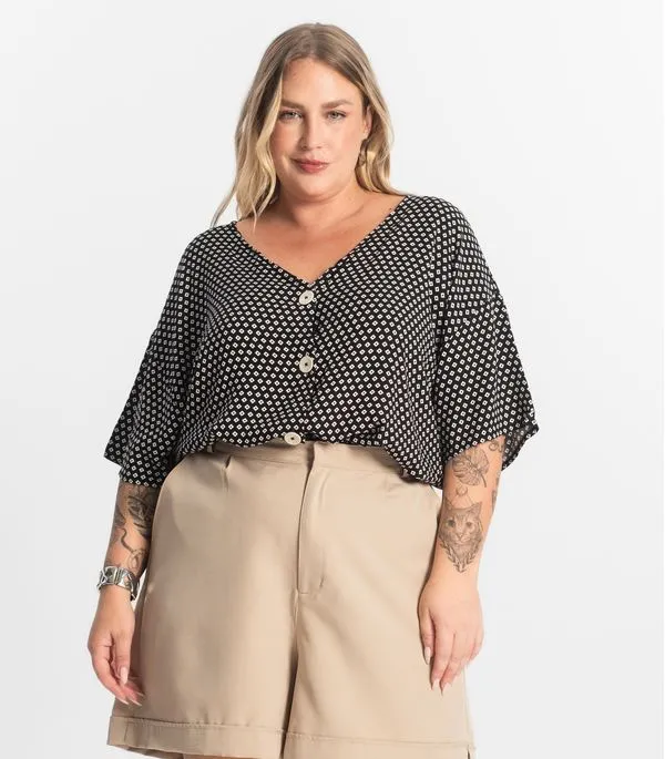 Camisa Feminina Plus Size Estampada Secret Glam Preto Plus G4