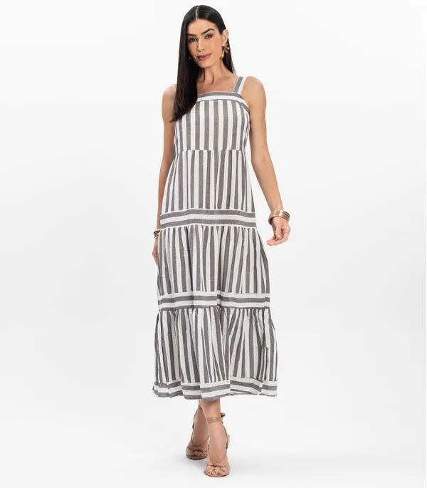Vestido Midi Feminino Listrado De Alça Aishty Preto PP