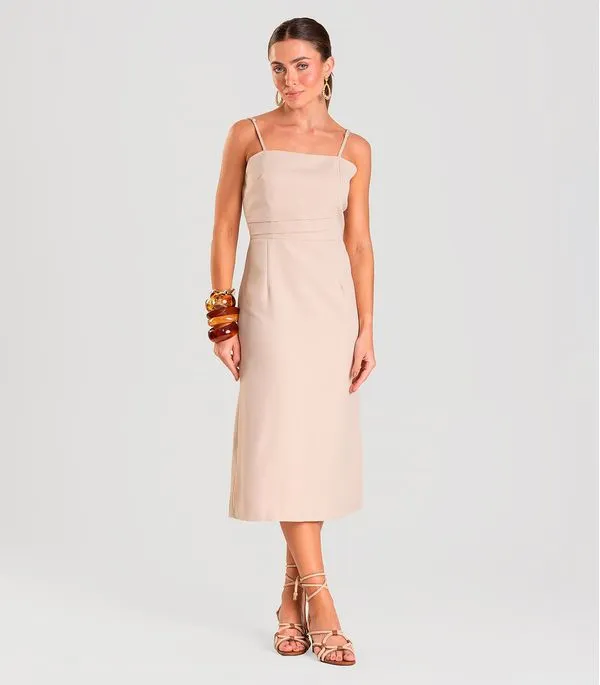 Vestido Midi Feminino Em Alfaiataria Lisa Ji Bege M