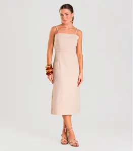 Vestido Midi Feminino Em Alfaiataria Lisa Ji Bege G