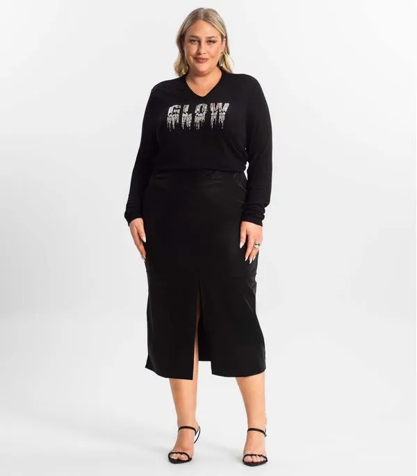 Saia Midi Plus Size Com Fenda Secret Glam Preto Plus G3