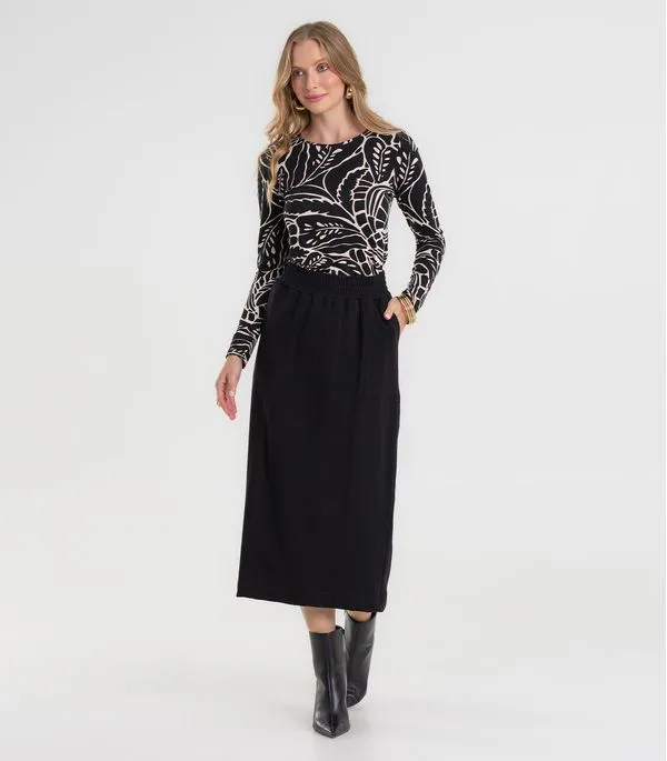 Saia Midi Feminina Em Molecotton Com Fenda Rovitex Preto G