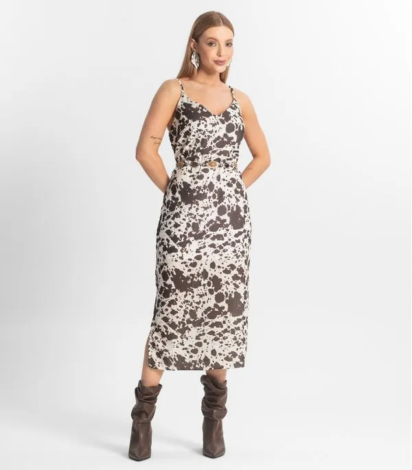 Vestido Feminino Midi De Alça Animal Print Veshine Marrom M