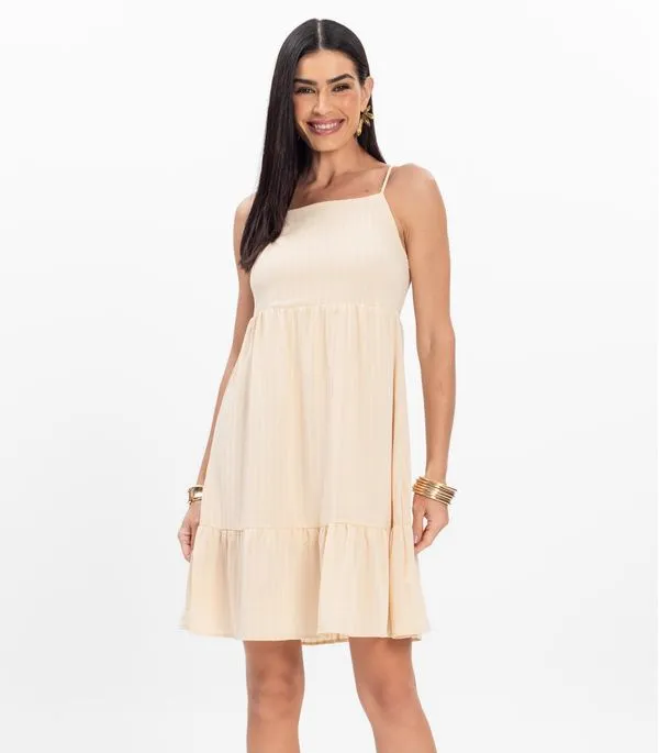 Vestido Curto Feminino Listrado Em Chiffon Aishty Bege PP
