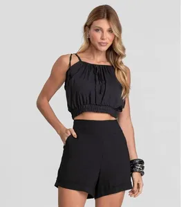 Shorts Feminino Cós Largo Em Alfaiataria Dianna Preto PP