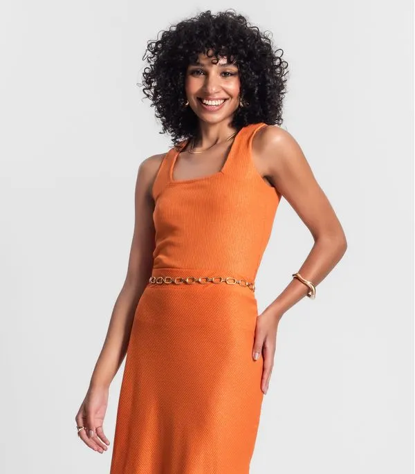 Regata Feminina Em Ribana Canelada Lurex Rovitex Laranja M