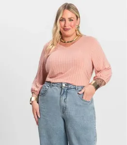 Blusa Canelada Plus Infinita Cor Rosa Plus G2