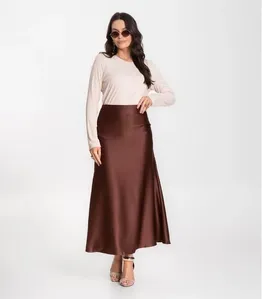 Saia Midi Feminina Fluida Toque Acetinado Select Marrom P